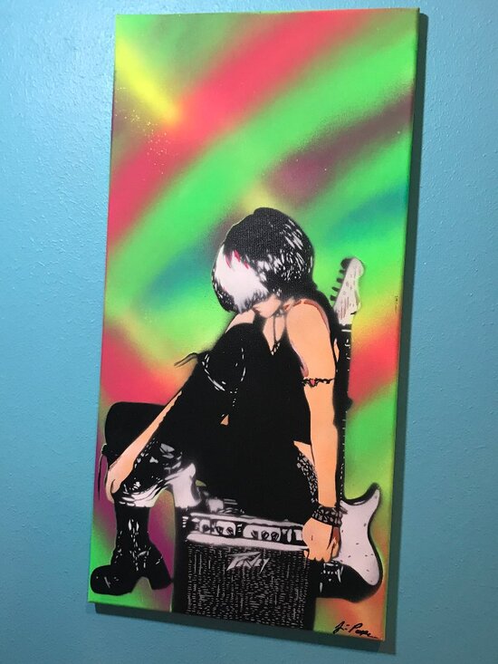 Jessica Pope Other - Green NEON Rainbow Punk Rock Chick Original Stencil Painting Guitar w/Peavy Amp